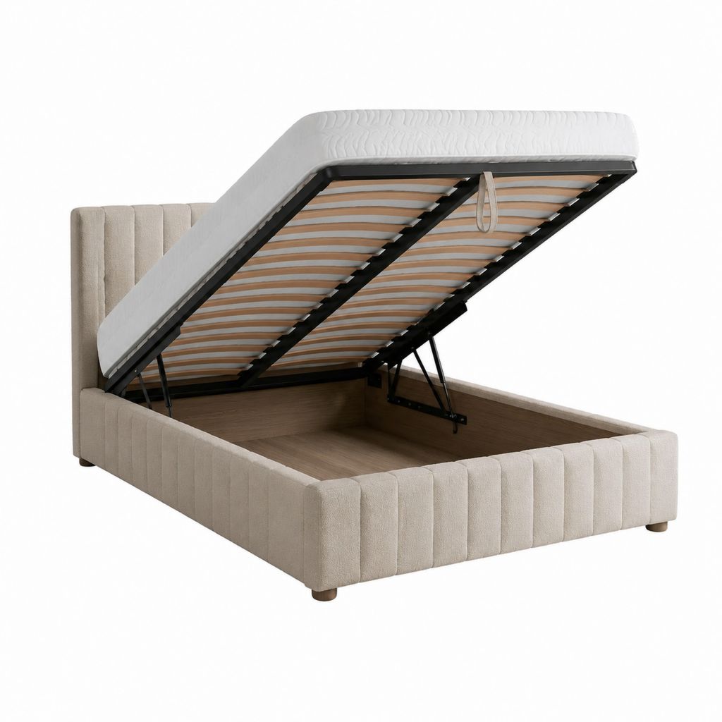 Polsterbett Stauraumbett Beige Polyester Rechteckig mit Gasdruckfeder 160 x 200 cm