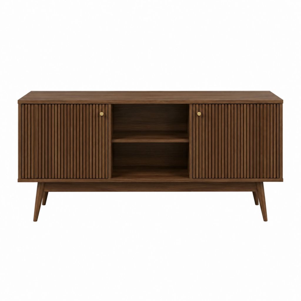 TV-Lowboard Nussbraun aus MDF und Gummibaum-Massivholz rechteckig mit 2 Lamellentüren 160 x 40 x 75 cm
