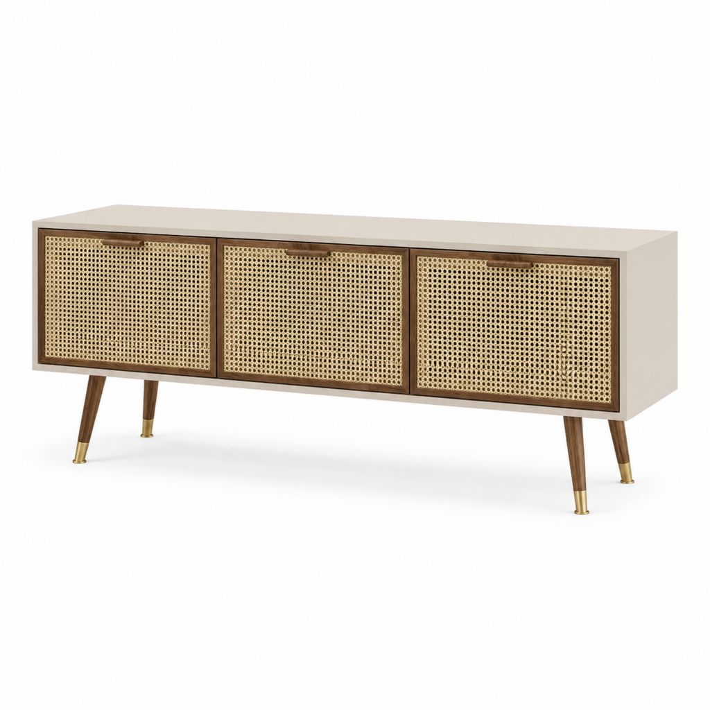 TV-Lowboard Creme Walnussfurnier Rattan rechteckig mit 3 Türen 160 x 40 x 75 cm