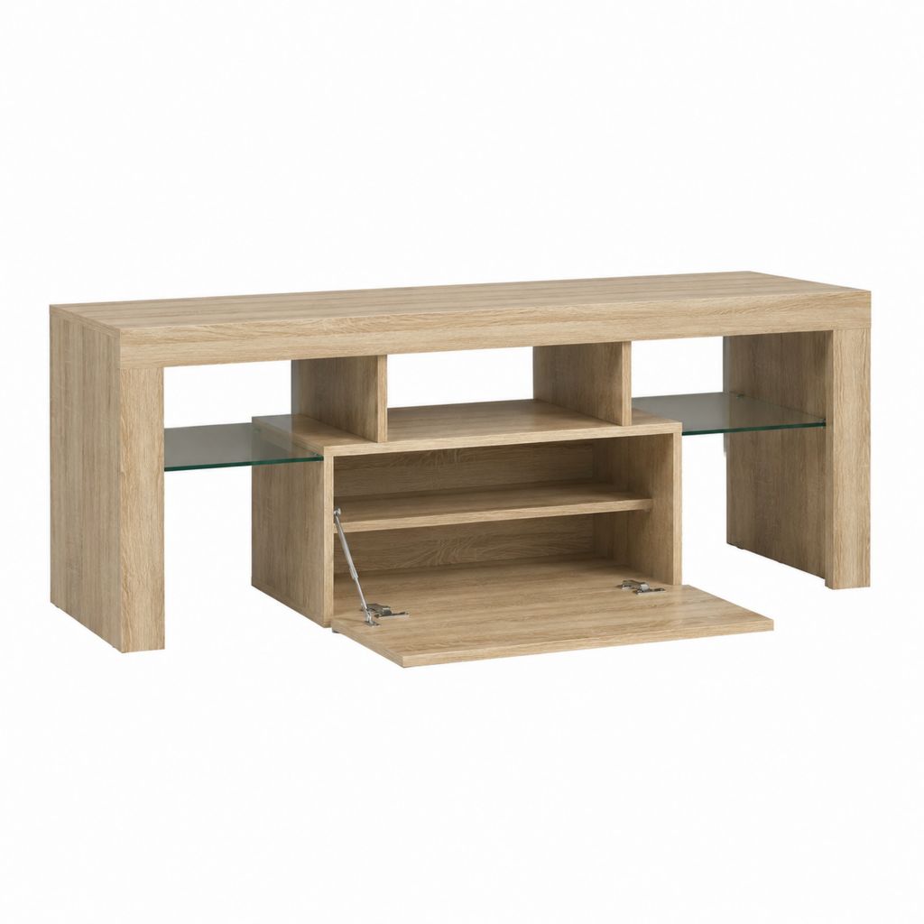 TV-Lowboard Eiche-Optik Spanplatte rechteckig mit Klappe und Glasablagen 120 x 40 x 50 cm