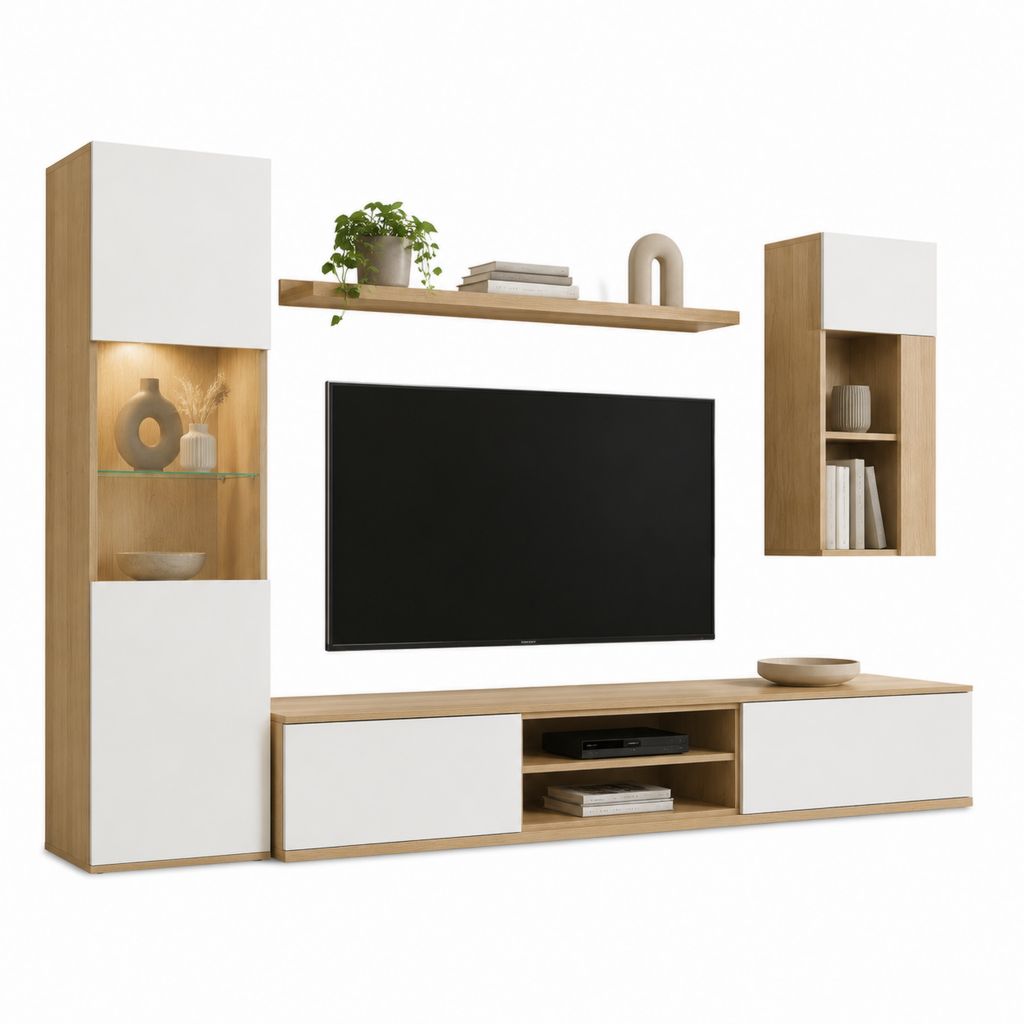 Wohnwand TV-Möbel Set Weiß Eiche-Optik Spanplatte 300 x 40 x 200 cm