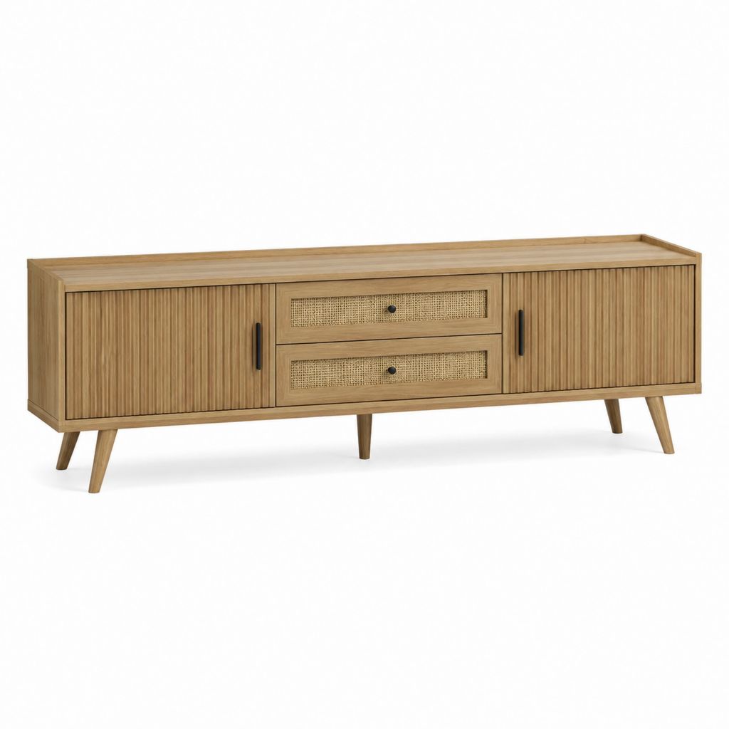 TV Lowboard Natur Eichenfurnier Rattan rechteckig 180 x 40 x 60 cm