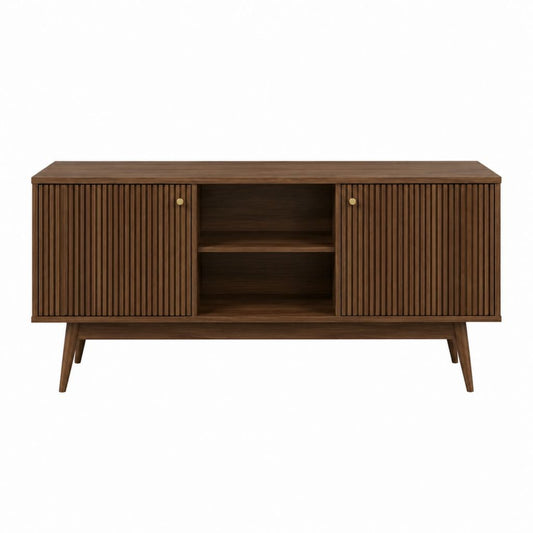TV-Lowboard Nussbraun aus MDF und Gummibaum-Massivholz rechteckig mit 2 Lamellentüren 160 x 40 x 75 cm