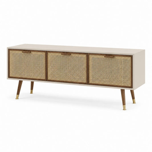 TV-Lowboard Creme Walnussfurnier Rattan rechteckig mit 3 Türen 160 x 40 x 75 cm