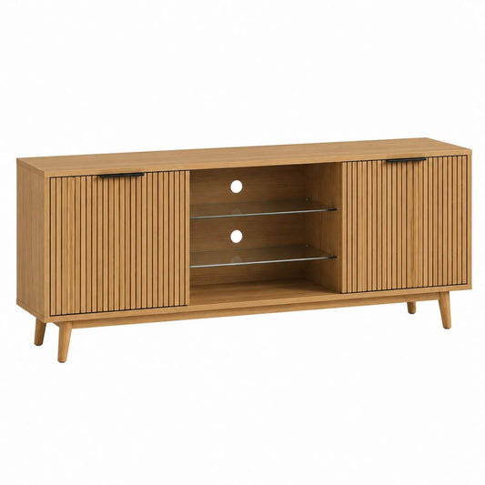 TV-Lowboard Braun MDF mit Eichenholzdekor und Glaseinlegeböden 160 x 40 x 55 cm